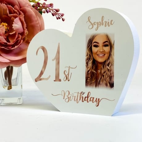 Personalised White Wooden Heart -21 Rose Gold   