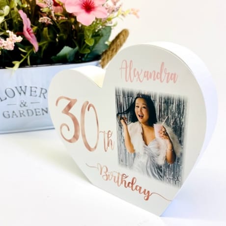 Personalised White Wooden Heart -30 Rose Gold 