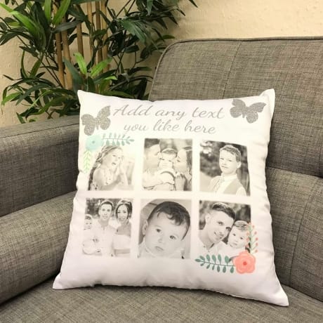 Add any text you like to this cushion, with glitter butterfly detail