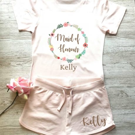 Wedding party personalised floral lounge wear for the Maid of honour