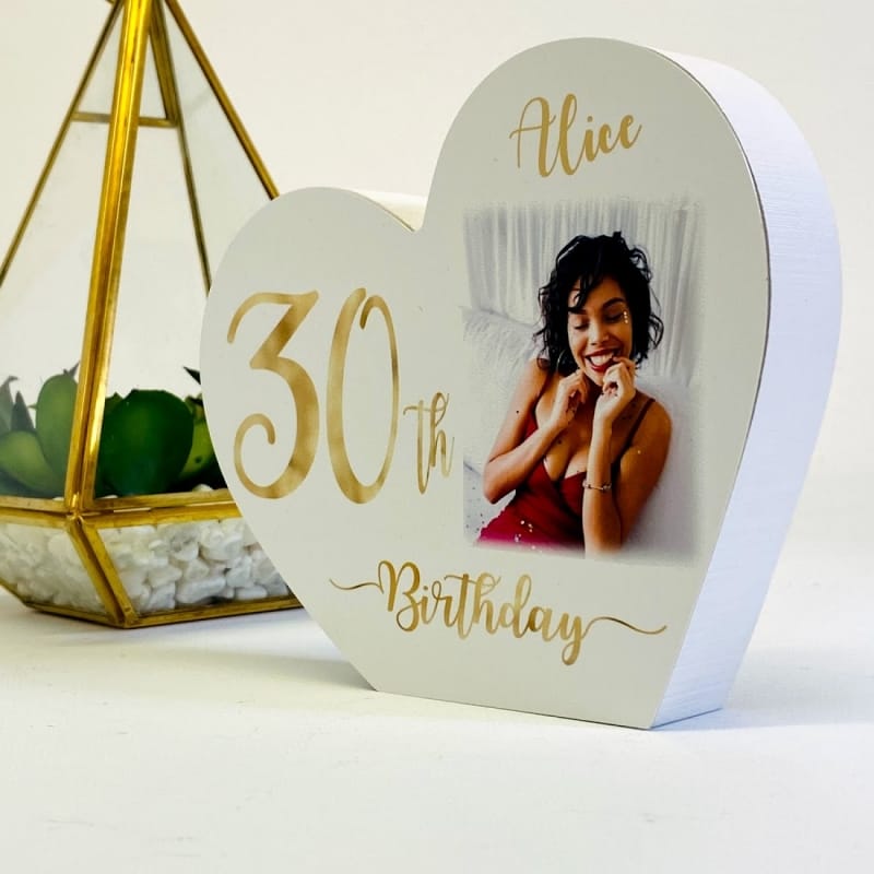 Personalised White Wooden Heart -30 Gold    