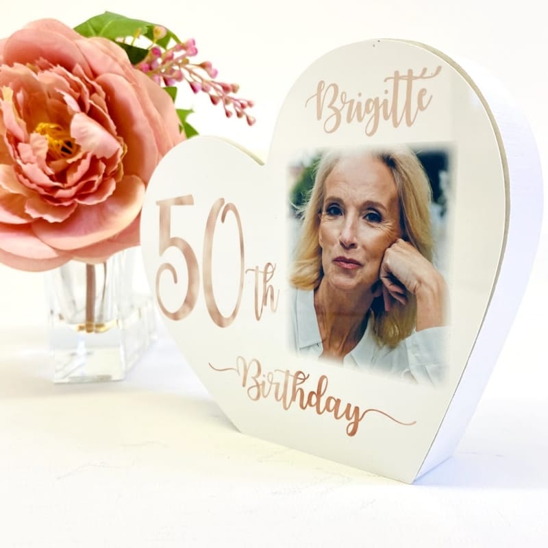 Personalised White Wooden Heart - 50 Rose Gold