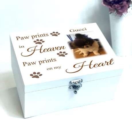  Pet Wooden Remembrance Box - Paw prints in heaven